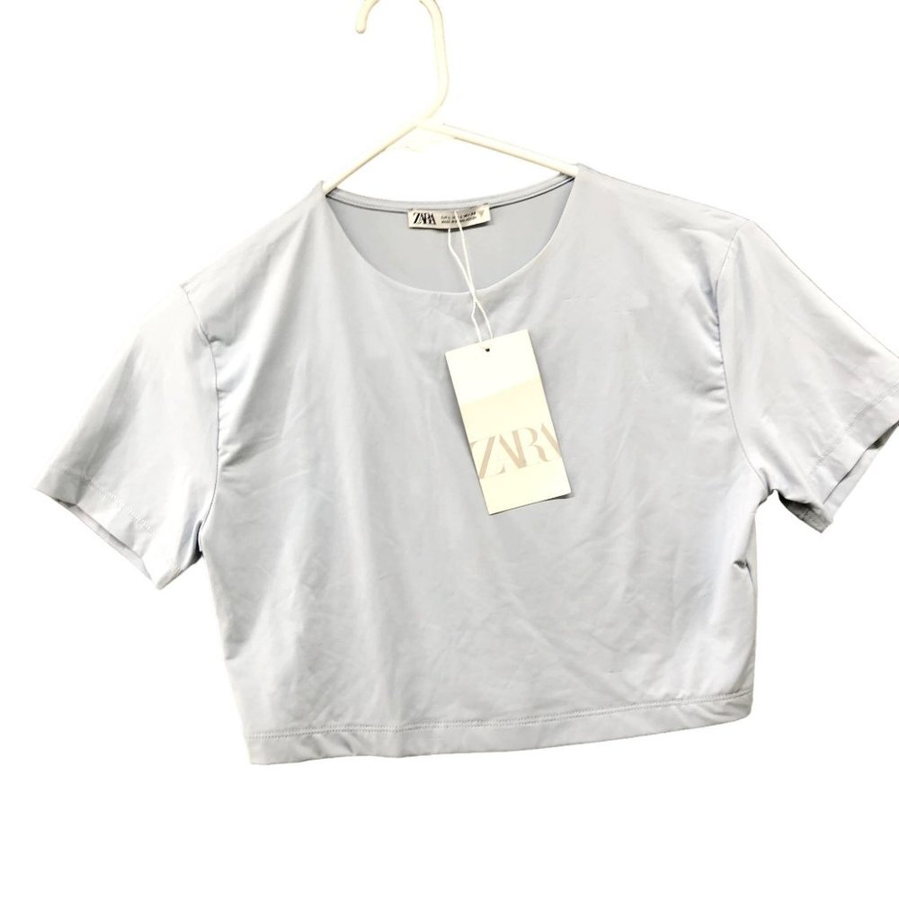 NWT Zara Cropped T Shirt Womens L Blue Crewneck Nylon Fitted Short Sleeve